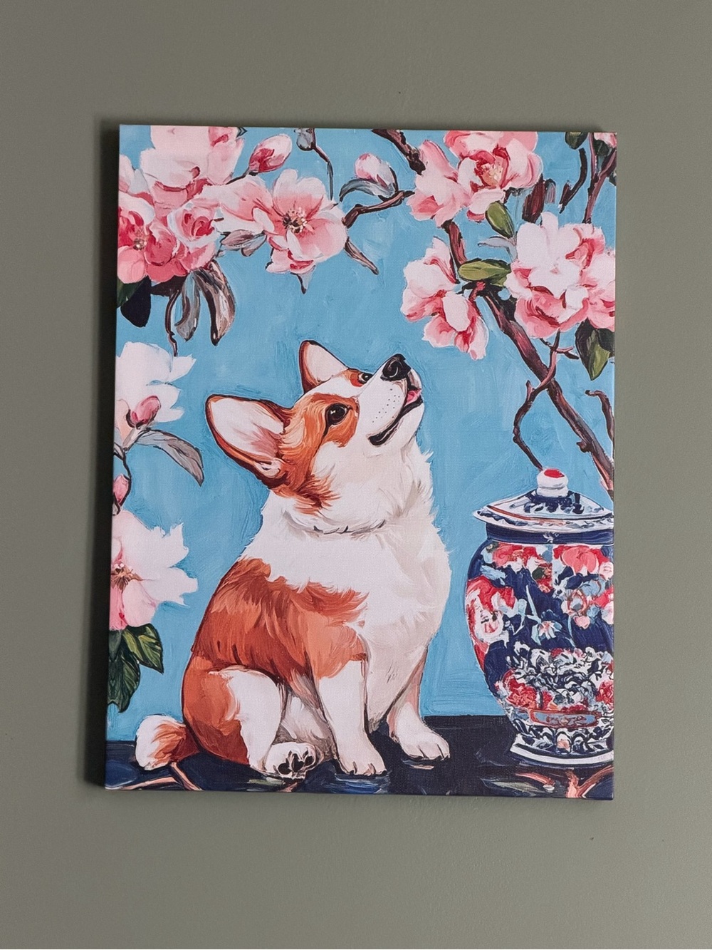 Floral Corgi Canvas Wall Art - Blue & Pink Chinoiserie